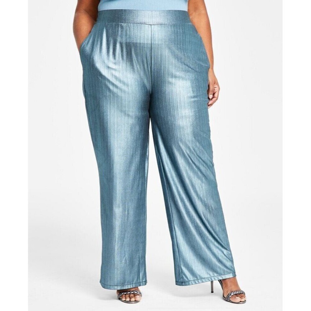 Nina Parker Women's Trendy Plus Size Metallic Wide-Leg Pants Pockets Ice Blue